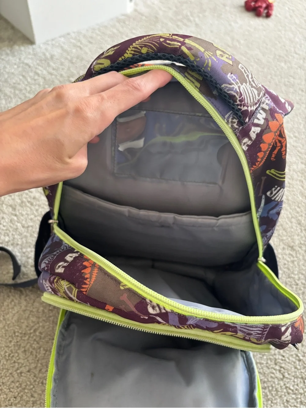Kids' Purple Dinosaur Backpack with Lime Trim